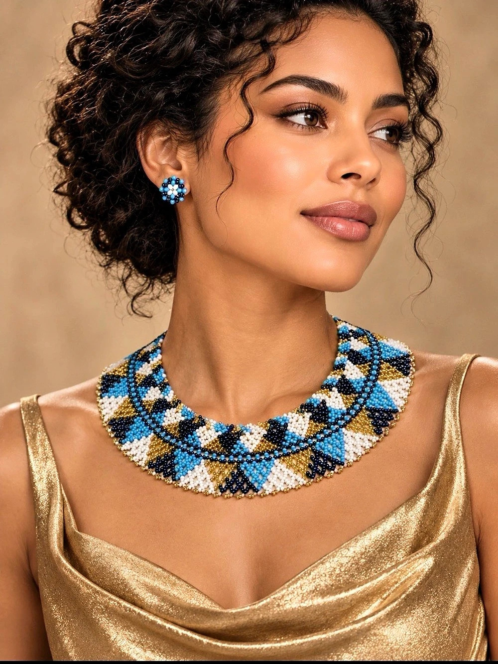 Handmade Blue, White & Gold Beaded Collar Necklace Set